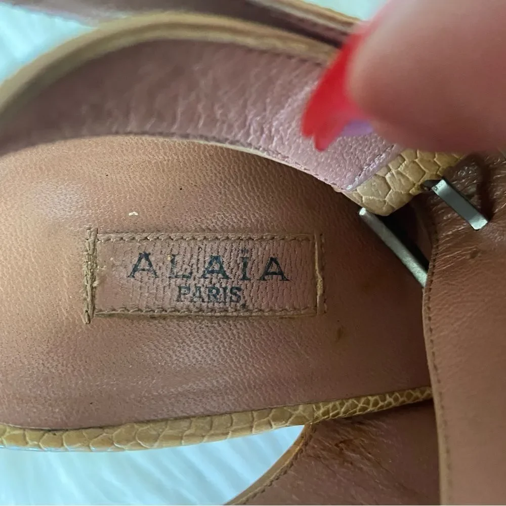 Alaïa Paris Tan Python Leather Open Toe Ankle Strap Heel Sandals 37 EU, 6.5 US